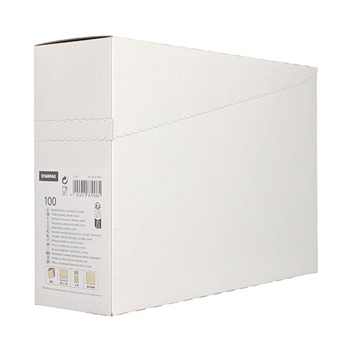 A Starpak 100 cutlery pouch box (Airlaid 40 cm x 33 cm with cutlery fold) is depicted at an angle and features a product label and a perforated top for easy opening – ideal for use in restaurants.