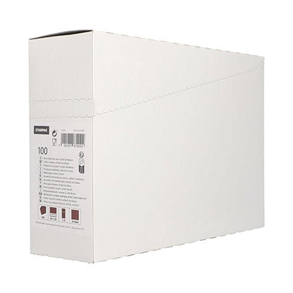 A Starpak 100 cutlery pouch Airlaid box (40 x 33 cm) stands upright with a partially open lid, revealing a label with text, symbols, and barcodes. Often used in restaurants to organize cutlery pouches against a plain white background.