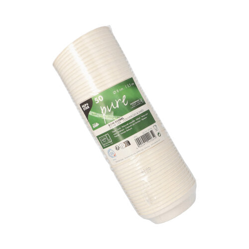 A stack of 50 white PAPSTAR "pure" round lids (2.5 cm high) made from eco-friendly sugarcane, with a green-white product label including a barcode. Ideal for catering businesses. Brand: PAPSTAR GmbH.