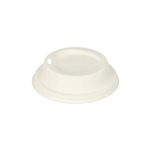 The PAPSTAR 50 dome lid, sugarcane "pure", round and white (2.5 cm), made from eco-friendly sugarcane by PAPSTAR GmbH, ideal for catering businesses and photographed on a white background with a raised center and two drinking openings.
