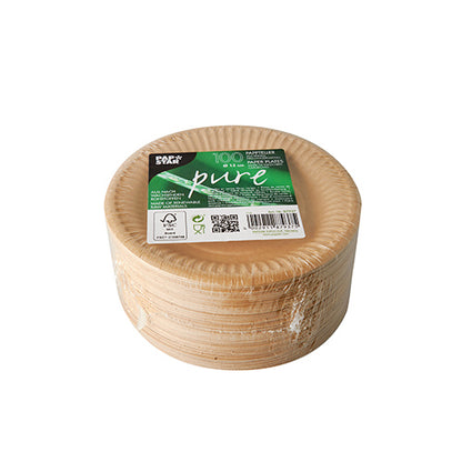 Carn de PAPSTAR 100 plátaí cruinn, cairtchlár "pure" ó PAPSTAR GmbH. Taispeánann an pláta cairtchláir is airde lipéad glas le sonraí táirge, cód barra agus siombailí deimhnithe ag FSC ar chúlra bán.