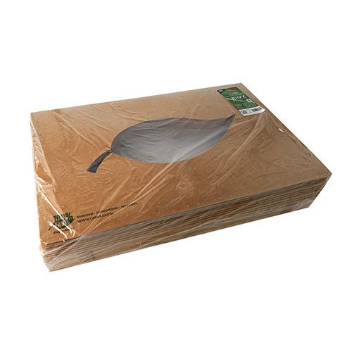 A stack of PAPSTAR 'pure' brown catering boxes made of cardboard, with a PLA window, '100% Fair' inscription, wrapped in foil; brand and product details visible on the top box.
