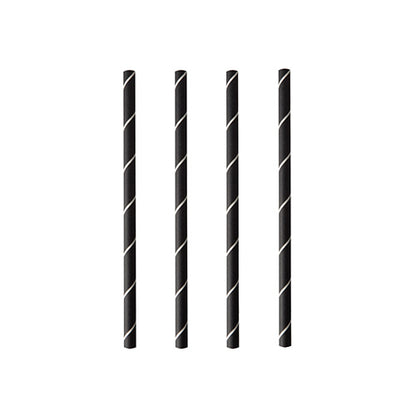 Four PAPSTAR cocktail straws 7 mm, black/white "Stripes" (foil, 15 cm), of the brand PAPSTAR GmbH, are arranged vertically and evenly on a white background.
