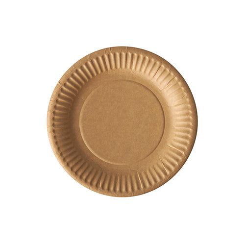 The PAPSTAR 20 plates, cardboard "pure" round by PAPSTAR GmbH is a simple, round brown cardboard plate with a textured edge, made from sustainable materials, depicted from above on a white background.