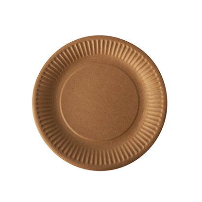 The depicted round plate made of brown cardboard by PAPSTAR GmbH ("PAPSTAR 20 plates, cardboard 'pure' round") with a ribbed edge is ideal for daily use and environmentally friendly.