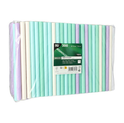 A clear plastic packaging of PAPSTAR GmbH contains 200 PAPSTAR bubble tea straws made of paper (Ø 12 mm, 20 cm), assorted colors. The label shows eco-friendly icons - ideal for bubble tea fans.