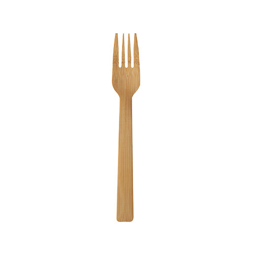 A PAPSTAR fork made of bamboo "pure", 16.5 cm, environmentally friendly by PAPSTAR GmbH with four prongs lies centrally on a white background.