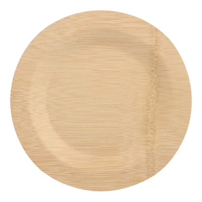 The PAPSTAR 10 plates, bamboo "pure" round from PAPSTAR GmbH is a round, light brown disposable plate made of biodegradable bamboo with a structured vertical line and offers a sustainable choice for environmentally conscious dining.