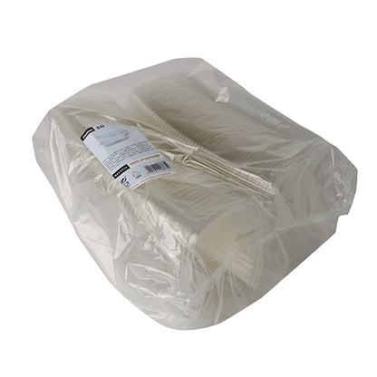 Die Starpak 50 Feinkost- und Salatschalen mit Klappdeckel, R-PET glasklar oval, werden in einem transparenten, umweltfreundlichen Beutel geliefert – perfekt zum nachhaltigen Servieren von Feinkost- und Salatgerichten.