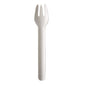 A single white PAPSTAR fork made of paper "pure" (15.5 cm, eco-friendly), by PAPSTAR GmbH, is depicted on a plain white background. The eco-friendly paper utensil has a spoon-shaped bowl with three short fork prongs at the tip.
