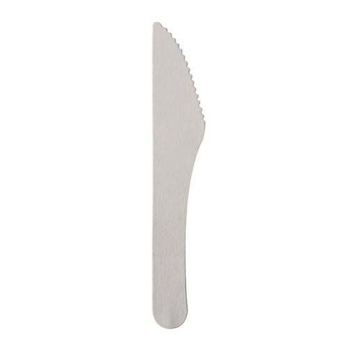 An eco-friendly and stable PAPSTAR knife "pure" (15.8 cm, white) from PAPSTAR GmbH made of wood with a flat handle and slightly serrated edge, presented against a white background. Packaging unit: 100 pieces in a folding box.