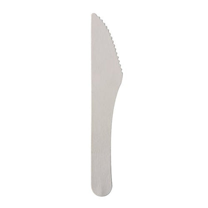 An eco-friendly and stable PAPSTAR knife "pure" (15.8 cm, white) from PAPSTAR GmbH made of wood with a flat handle and slightly serrated edge, presented against a white background. Packaging unit: 100 pieces in a folding box.