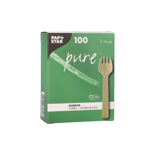 A green-white box from PAPSTAR GmbH with the inscription "Wooden Forks pure" contains 100 environmentally friendly, robust wooden forks (10 cm) with a fork image and the text "Gabeln/Fourchettes" on the front.