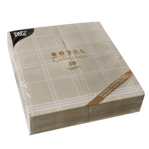 A pack of 50 PAPSTAR Kitchen Craft napkins (48 x 33 cm, 1/6-fold) by PAPSTAR GmbH "ROYAL Collection", beige with white check pattern, ideal for a stylish table decoration and packed in clear foil.