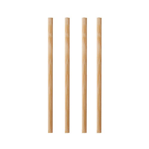 Four PAPSTAR 1000 bamboo stir sticks "pure" from PAPSTAR GmbH stand vertically in a row against a white background - an eco-friendly, biodegradable alternative to conventional stir sticks.