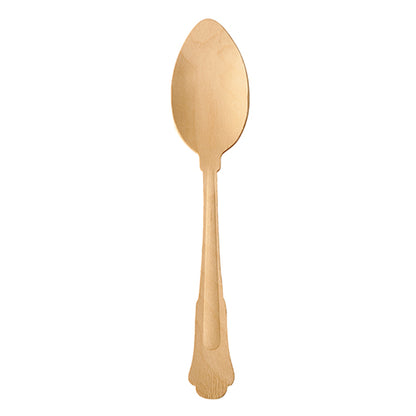 The PAPSTAR wooden spoon "pure" 19.5 cm in vintage design by PAPSTAR GmbH, with a rounded bowl and decorative handle, stands upright against a plain white background. Delivery is in a pack of 50 on a cardboard tray.