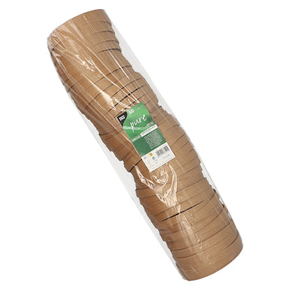 Tá carn de chlúdaigh dhonna PAPSTAR "pure" do bhabhlaí sailéid (15 cm, cruinn, 50 píosa) pacáilte i plaisteach soiléir le lipéad glas-bán de chuid PAPSTAR GmbH a chuireann béim ar an bpacáistiú neamhdhíobhálach don chomhshaol.