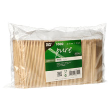 1,000 pieces PAPSTAR finger food skewers wood "pure" (Ø 3 mm, 10 cm) from PAPSTAR GmbH made of clear plastic with a green-white label, ideal for gastronomy.