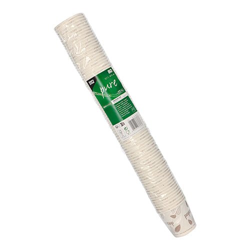 A package of 60 disposable cups 80 "pure" of PAPSTAR GmbH made of white cardboard, stacked and packed in a transparent sleeve with a green "pure" label and product information.