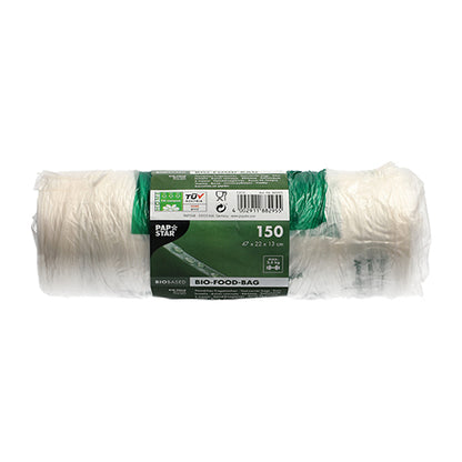 Eine Rolle mit 150 PAPSTAR Knotenbeuteln (47x22 cm) aus transparenter Bio-Folie der PAPSTAR GmbH zeigt eine grün-weiße Banderole mit Produktinfos und Symbolen, die unbenutzt auf weißem Hintergrund abgebildet ist.