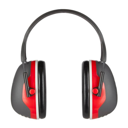 The 3M™ PELTOR™ Comfort Earmuffs from 3M Deutschland GmbH are black and red earmuffs with a black adjustable headband on a white background.