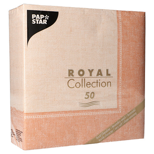 Eine Packung mit 50 PAPSTAR Servietten "ROYAL Collection" 1/4-Falz (40 x 40 cm) in Terracotta von PAPSTAR GmbH, ideal für die elegante Gestaltung eines jeden Tisches.