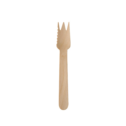 A PAPSTAR GmbH cake and snack fork wood "pure" (14 cm, serrated) with a flat handle lies on a plain white background. Delivered as 100 pieces on a paper tray, perfect for cakes and snacks.
