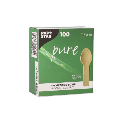 A green box from PAPSTAR GmbH with the inscription "wooden spoon pure" contains 100 finger food spoons made of wood (7.6 cm), is equipped with a spoon image and multilingual text, and highlights this eco-friendly finger food solution.
