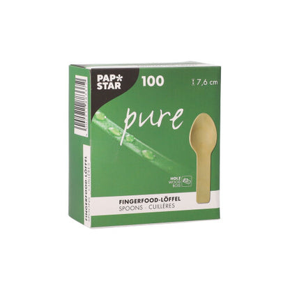 A green box from PAPSTAR GmbH with the inscription "wooden spoon pure" contains 100 finger food spoons made of wood (7.6 cm), is equipped with a spoon image and multilingual text, and highlights this eco-friendly finger food solution.