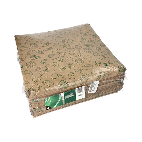 PAPSTAR 1000 Spitztüten aus braunem Kraftpapier „Fruits & Vegs“ mit grünen Food-Illustrationen, im Klarsichtbeutel mit grün-weißem Etikett – ideal für umweltfreundlichen Obst- und Gemüse-Transport.