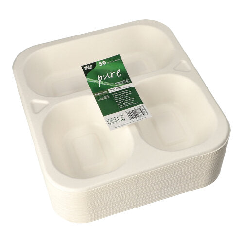 A pack of 50 white PAPSTAR sugarcane plates (4.2 x 24.5 x 26.5 cm), three-part, eco-friendly and labeled with 'pure' – perfect as sustainable food packaging.
