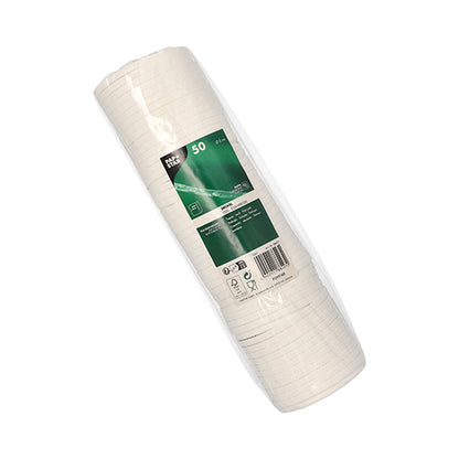 Pictured is a plastic-wrapped package containing 50 white PAPSTAR lids for drinking cups (round, Ø 8 cm, cardboard | foil) of PAPSTAR GmbH on a white background. The green-white label highlights the eco-friendly cardboard lid.
