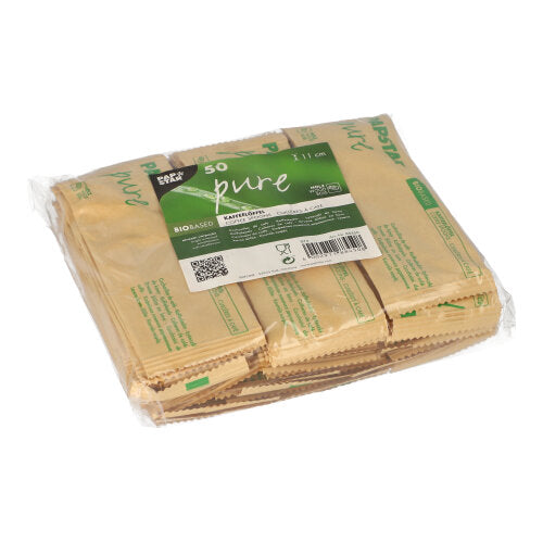 Eine durchsichtige Kunststoffhülle enthält 50 einzeln verpackte PAPSTAR Kaffeelöffel Holz "pure" (11 cm). Das grün-weiße Etikett zeigt Produktangaben und die Marke PAPSTAR GmbH.