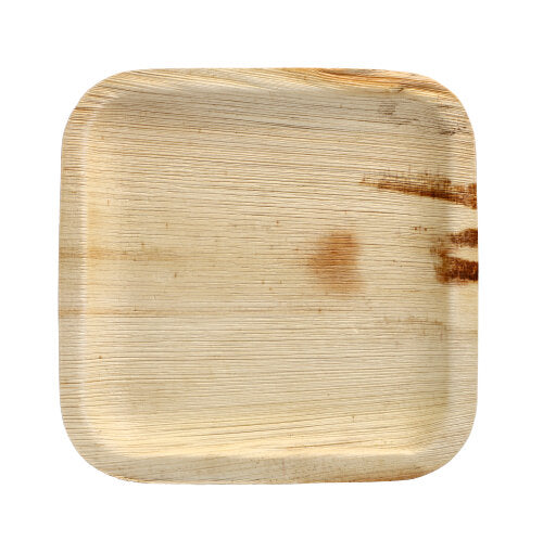 The PAPSTAR 25 plate from PAPSTAR GmbH is a square, light palm leaf plate with rounded corners, smooth texture, visible natural grain, and a dark brown stain on the right side – ideal for special occasions against a white background.