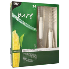 A green-yellow box of 24 PAPSTAR champagne glasses "pure" (16.5cm, clear, elegant base) by PAPSTAR GmbH. The packaging features corn graphics, stacked glasses, and multilingual product information.