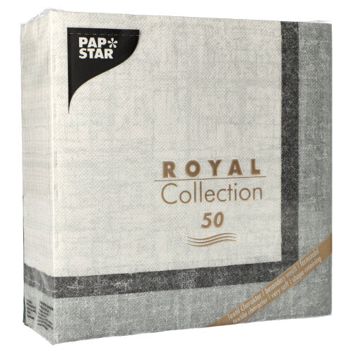 Das "ROYAL Collection"-Paket der PAPSTAR GmbH umfasst 50 hochwertige Servietten (40 x 40 cm, 1/4-Falz) mit überwiegend weißer und grauer Verpackung, akzentuiert durch goldene und schwarze Schrift.