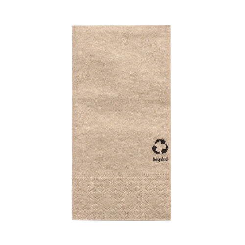A single PAPSTAR napkin, 3-ply, 33x33 cm, natural color, made from recycled paper with a black recycling symbol and "Recycled" at the bottom right, photographed on a white background. Brand: PAPSTAR GmbH.