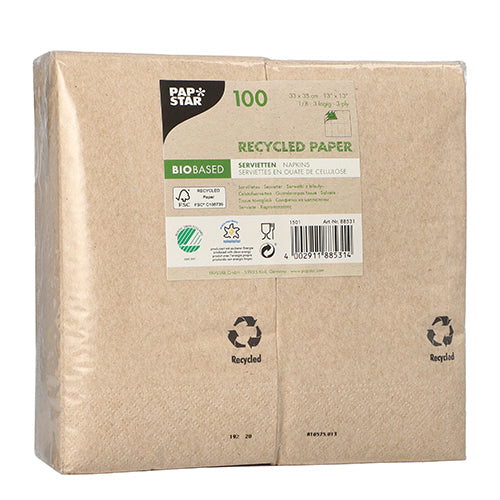 A pack of 100 PAPSTAR GmbH napkins, 3-ply, 33x33 cm, natural, made from recycled paper in foil. Biobased and environmentally friendly with multilingual product information and recycling symbols on the packaging.