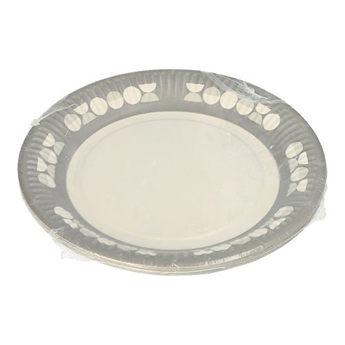 A stack of PAPSTAR 10 plates, round cardboard Ø 23 cm, from PAPSTAR GmbH, wrapped in transparent foil. Each disposable plate is adorned with a subtle leaf and dot border – ideal for parties and events.