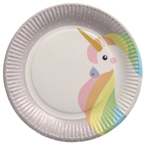 The PAPSTAR GmbH 10 paper plates, round Ø 23 cm, are in light gray with a colorful unicorn head and subtly patterned rim - ideal for parties and events.