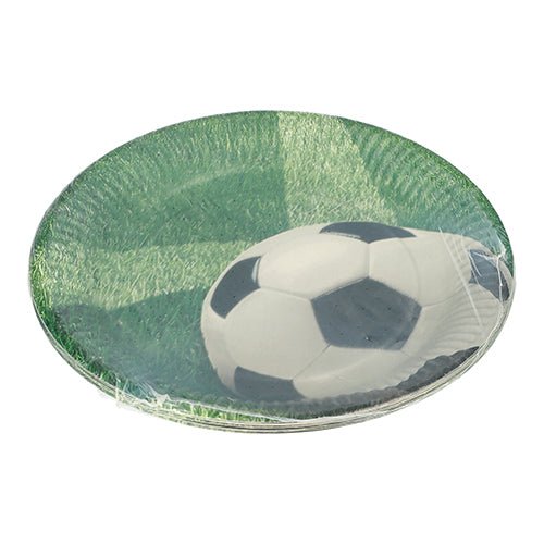 The PAPSTAR 10 plates, round cardboard Ø 23 cm from PAPSTAR GmbH with soccer design on grass are perfect for parties and events and are packed in clear plastic foil.