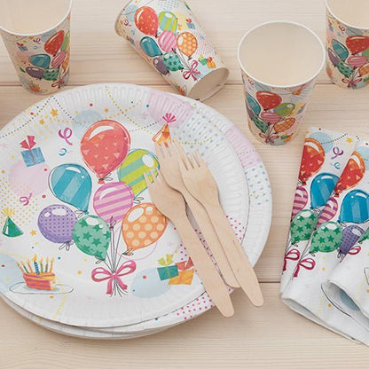 PAPSTAR GmbH PAPSTAR 10 plates, round cardboard Ø 23 cm made of sturdy cardboard with colorful balloon and gift design, presented on light wood – ideal for parties and events.