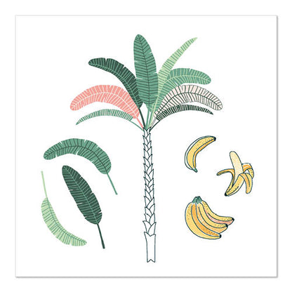 Die Illustration eines Bananenbaums mit grünen und rosafarbenen Blättern, drei einzelnen Blättern auf der linken Seite und drei Bananengruppen ziert die PAPSTAR GmbH Servietten 33x33 cm, 3-lagig, Design Set 2 (20 Servietten).