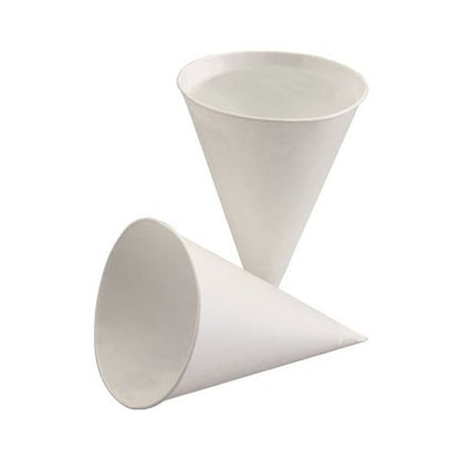 Two white, environmentally friendly PAPSTAR 200 cone cups made of sugarcane paper from PAPSTAR GmbH stand against a plain background; one upright, one sideways.