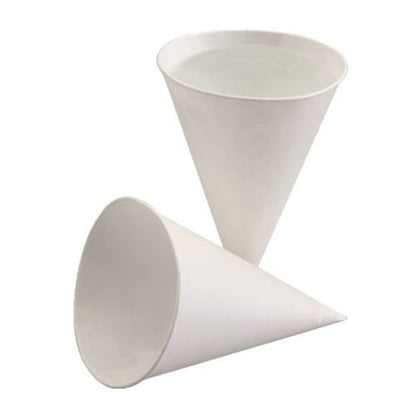 Two PAPSTAR 200 cone cups made of environmentally friendly sugarcane paper from PAPSTAR GmbH are pictured, one standing and one lying sideways on a white background.