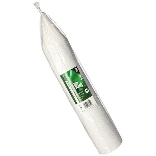 Pictured is a foil-wrapped 200-pack of white PAPSTAR cone cups made of sugarcane paper from PAPSTAR GmbH with a green-white product label featuring product details and a barcode.
