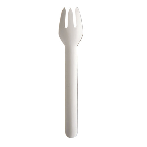 A single PAPSTAR paper fork "pure", 15.5 cm, white, environmentally friendly is depicted upright on a white background. This environmentally friendly paper fork from PAPSTAR GmbH offers a sustainable alternative to conventional cutlery.