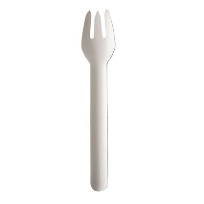 A single PAPSTAR paper fork "pure", 15.5 cm, white, environmentally friendly is depicted upright on a white background. This environmentally friendly paper fork from PAPSTAR GmbH offers a sustainable alternative to conventional cutlery.