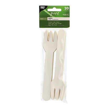 A transparent bag contains 20 white, environmentally friendly PAPSTAR paper forks (15.5 cm). The green label contains information about the product and the brand PAPSTAR GmbH. Perfect for sustainable eating on the go.