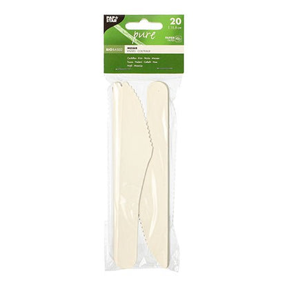 A transparent plastic package with 20 white PAPSTAR paper knives "pure", each 15.8 cm, eco-friendly and biodegradable, by PAPSTAR GmbH. The top label indicates the product name, size, eco-friendly feature, and quantity.